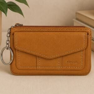 Fossil Small Keychain Wallet Brown Leather Zip Coin Card Holder Compact